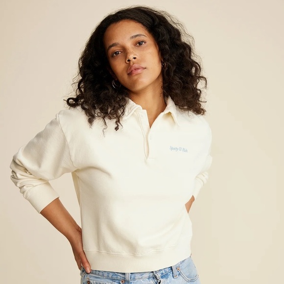 Sporty & Rich Tops - Sporty and Rich Italic Logo Embroidered Polo - Cream/Paradise